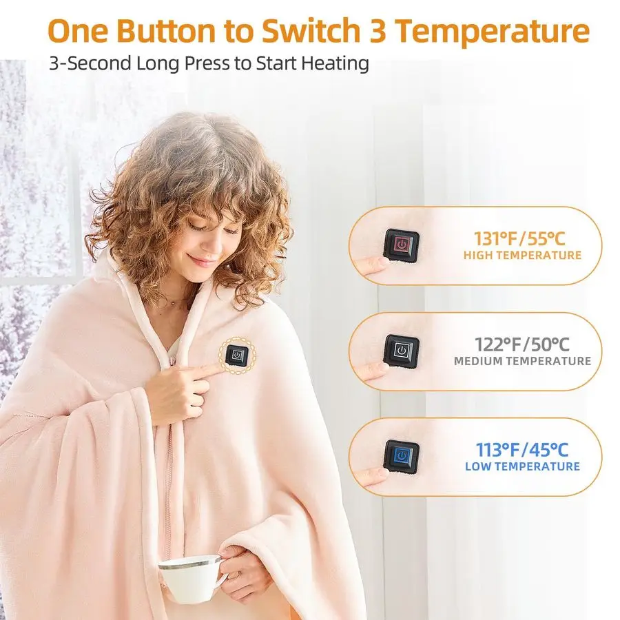 بطانية كهربائية ساخنة محمولة بمنفذ USB، بطانية رمي ساخنة لاسلكية للسفر، والتخييم، وسرير للنساء، 3 مستويات تسخين، حامل وردي