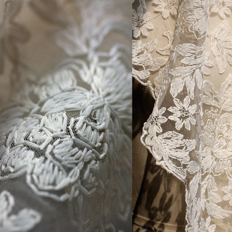 

Хлопковая вышитая кружевная цветочная сетка, бежевая ткань для платья, свадебное платье, перспективная декоративная модная вуаль, дизайнерская ткань