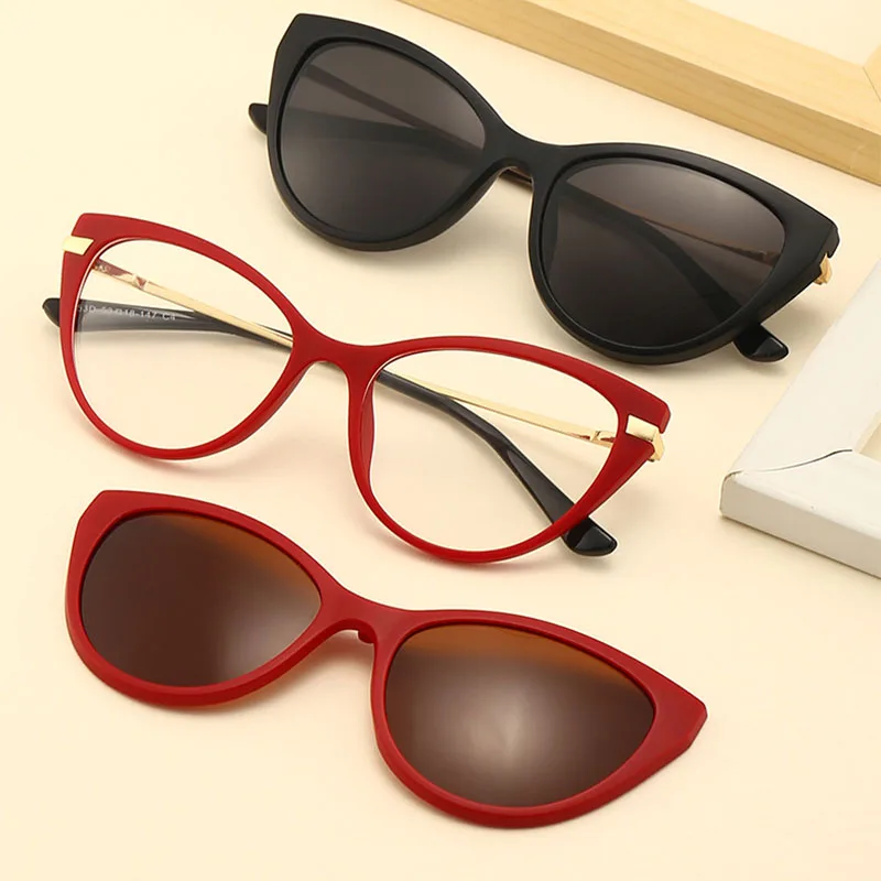 Polarized Magnetic Clip With Optical Glasses Frame TR90 Cat Eye Spectacle Frame With Non Prescription Lens Replaceable Lens