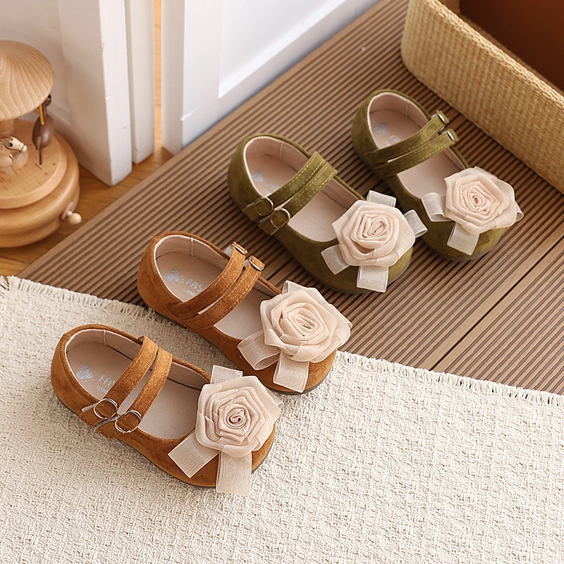 Autumn Girl's Princess Shoes Flower Double Strap Sweet Kid's Flat Shoe Solid Colors Anti-slip Charming Trendy Children Shoes