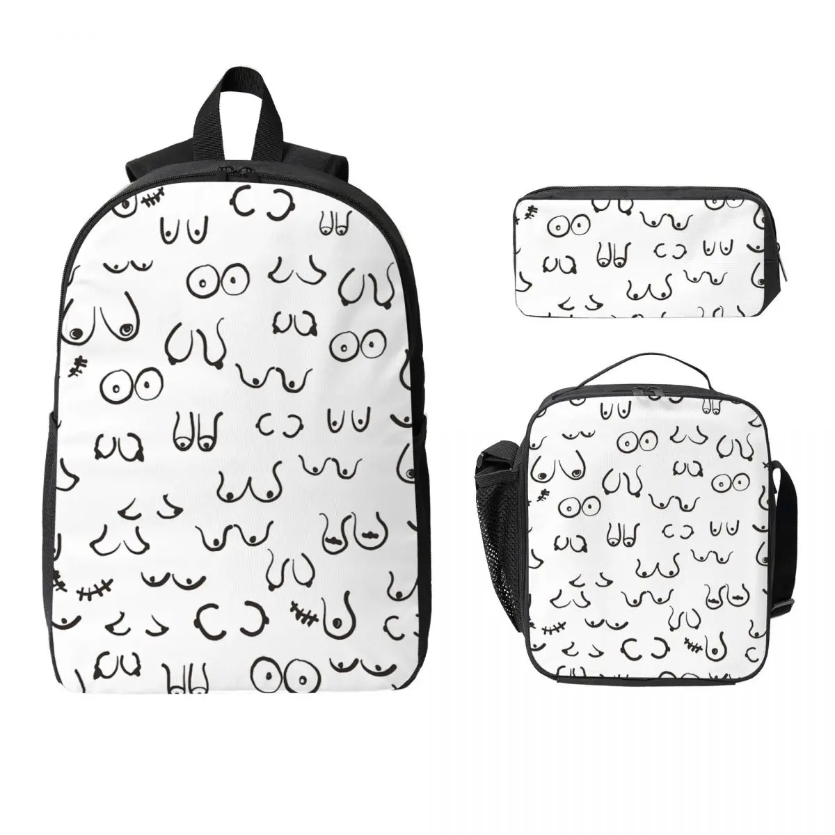 

Черно-белый рюкзак с эскизом груди, студенческий рюкзак для мальчиков и девочек, школьная сумка, сумки на плечо, 3 шт., изолированная сумка для обеда, пенал