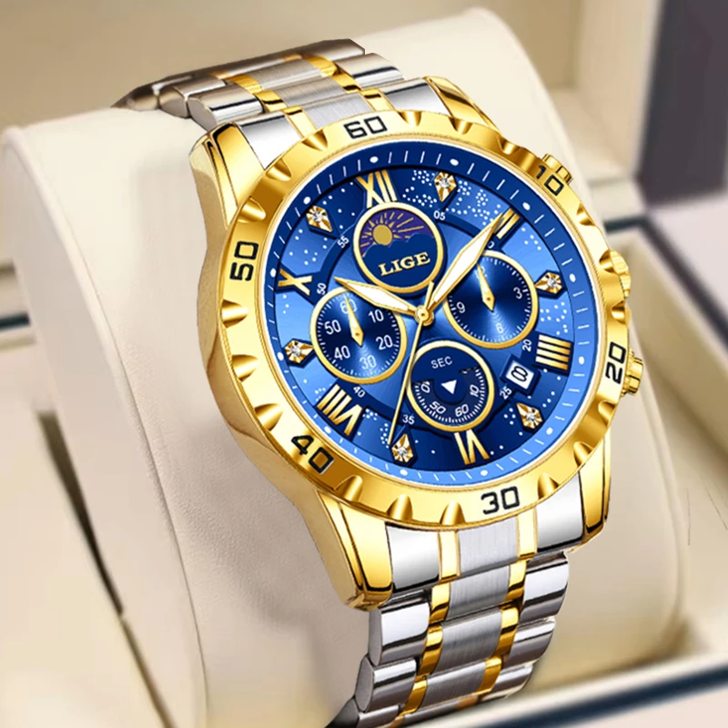 

LIGE New 24 Hour Moon Phase Watch Men Casual Sport Chronograph Quartz Wristwatches for Men Fashion Waterproof Luminous Men Watch