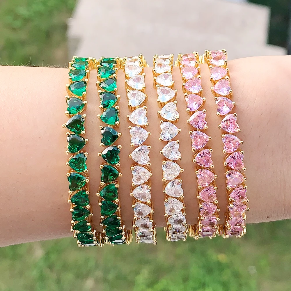 2025 High Quality Fashion Rainbow Women Jewelry Colorful Green Pink White Heart Shaped Cubic Zirconia CZ Tennis Chain Bracelets