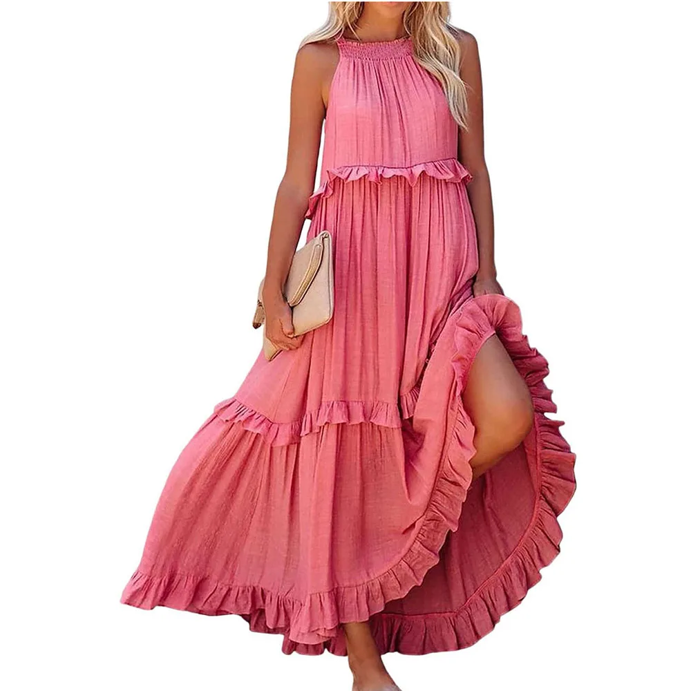 Solid Beach Maxi Dresses For Women Sleeveless Casual Daily Wear Ankle-Length Fashion Summer Elegant Big Swing Dresses