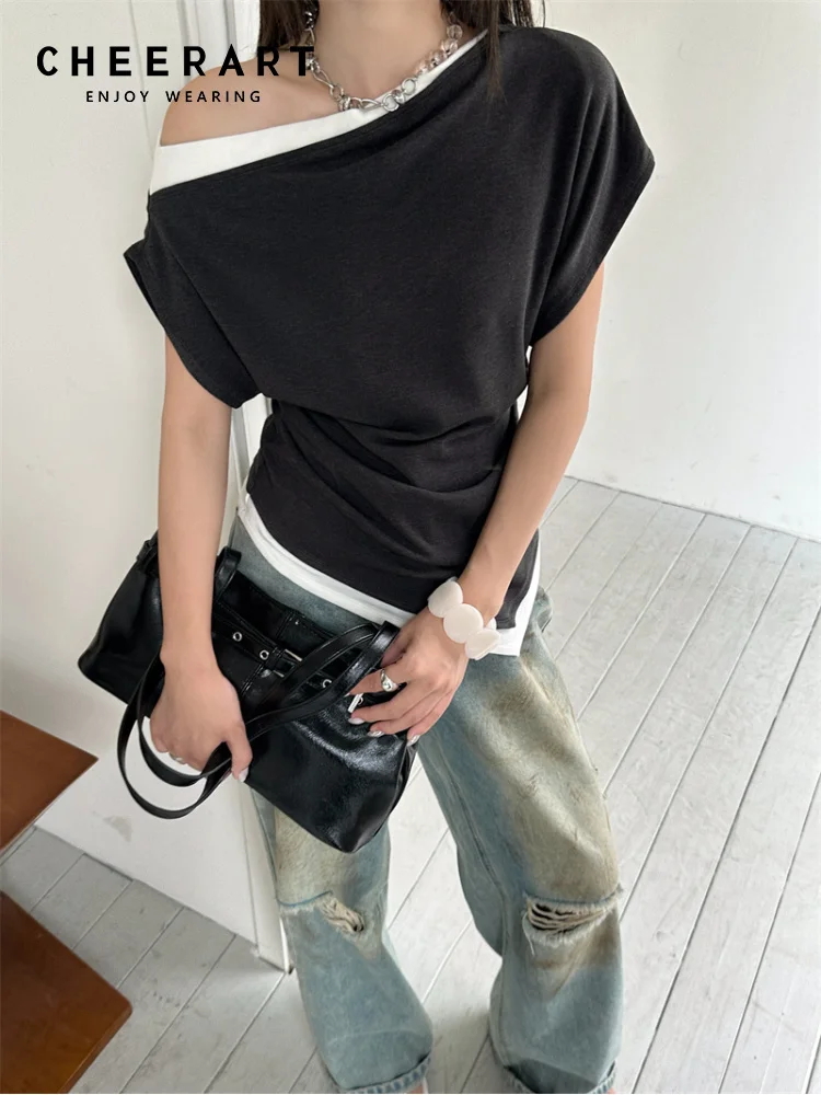 

CHEERART Off Shoulder Patchwork Asymmetrical Top For Woman 2025 Summer T Shirt Designer Tees Solid Top Clothing