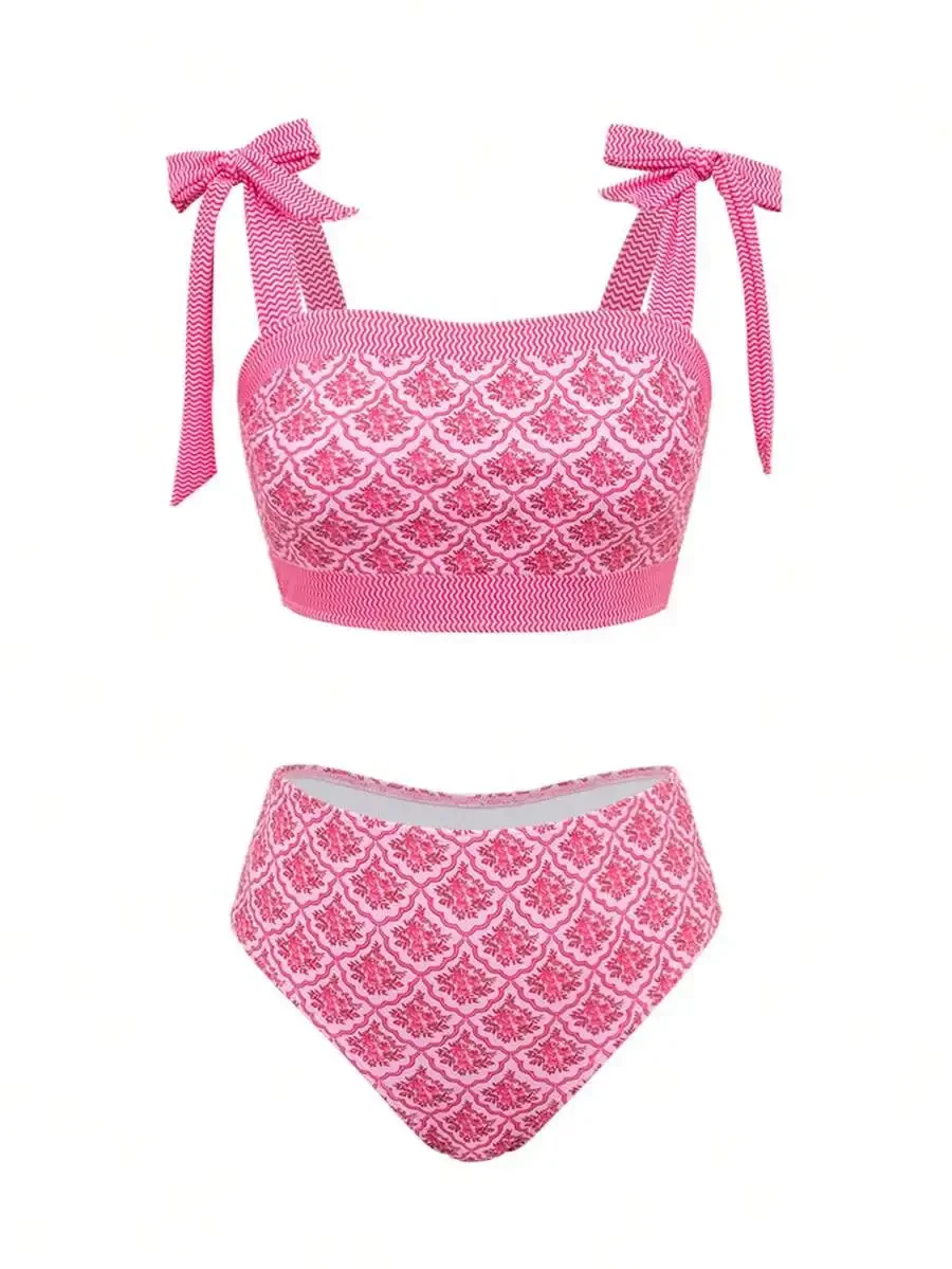 

Pink Floral Print Halter Bikini Set For Women Beach Holiday Swimwear