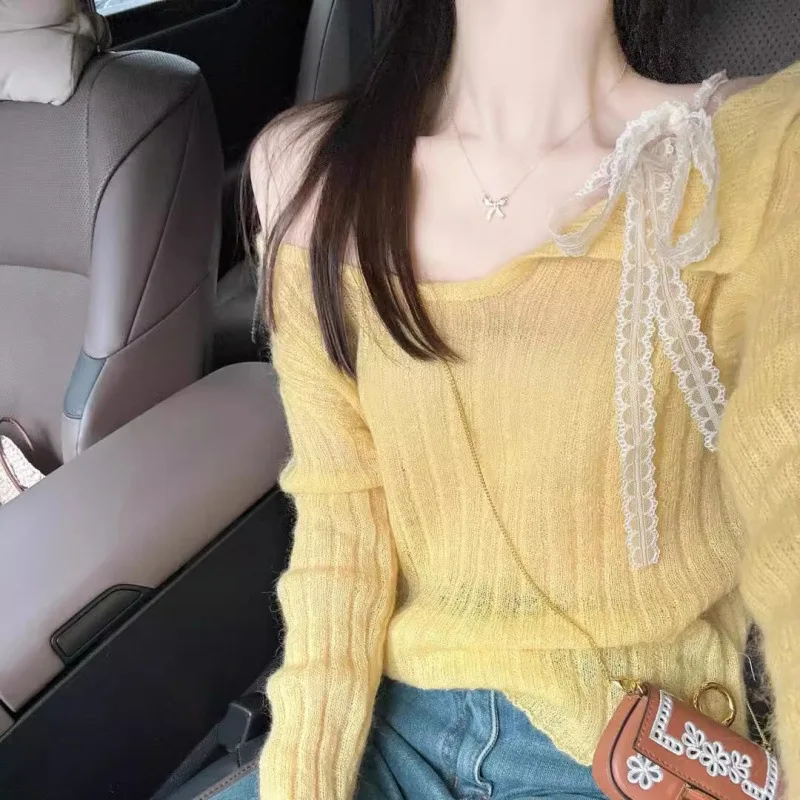 Pull léger de printemps de haut en tricot de ruban de dentelle de Mohair douce de épaules dénudées