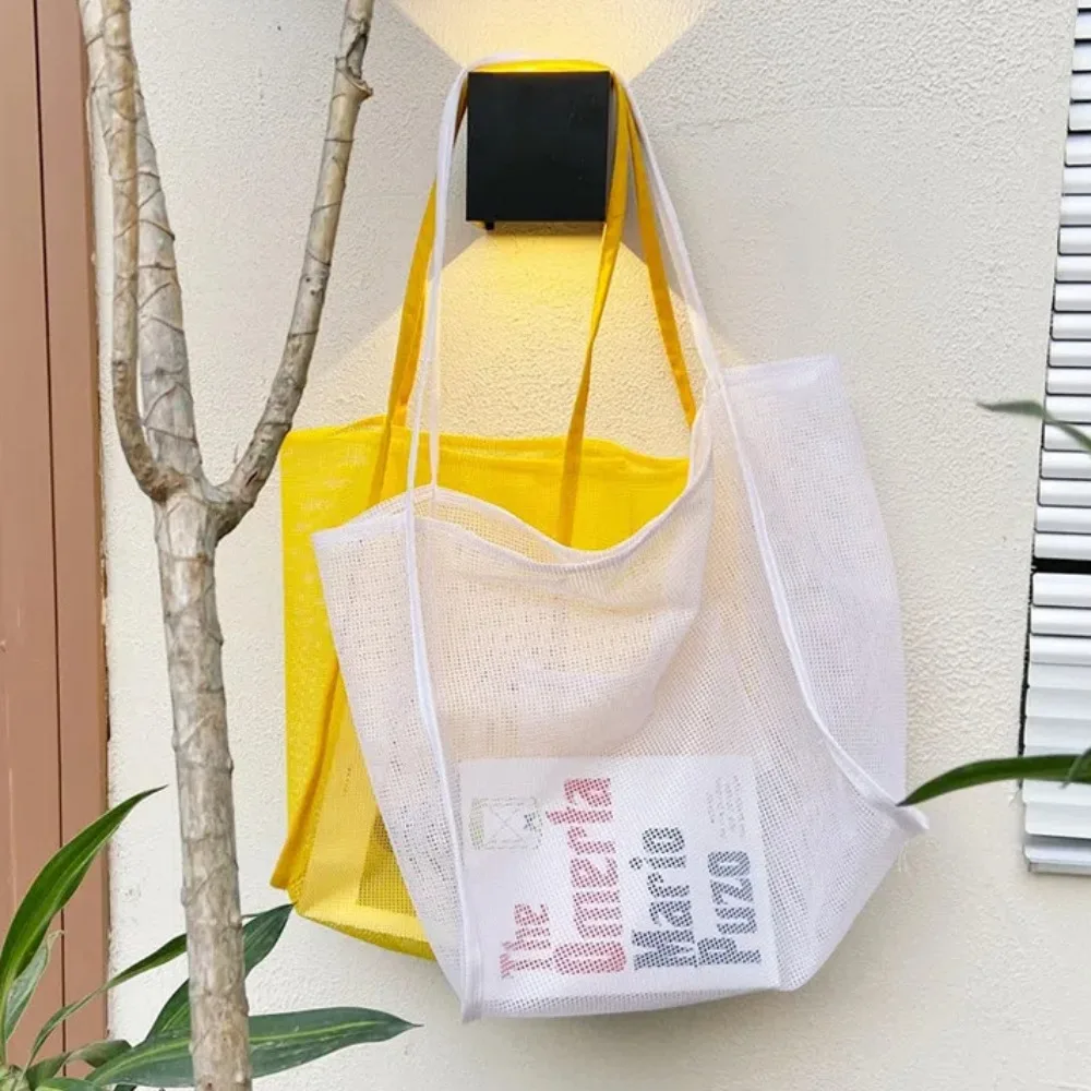 Make Up Nylon Mesh Shoulder Bag Pockets Transparent Beach Handbag Large Capacity Breathable Hollow Tote Bag Shopping
