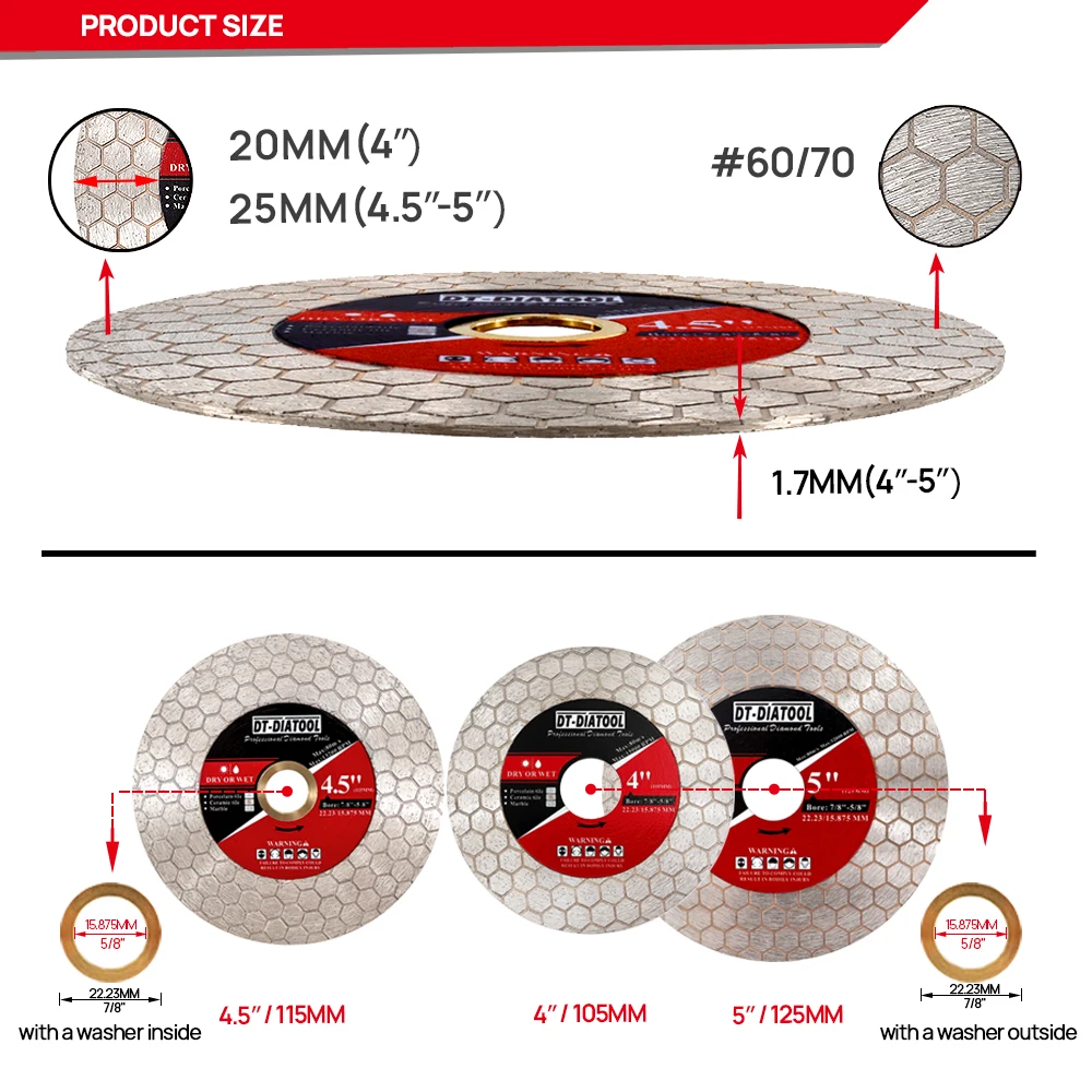 DT-DIATOOL 1/2 шт., диаметр 4/4,5/5 дюймов, алмазный отрезной диск, шлифовальный диск для керамической плитки, мрамора, каменной кладки, дисковая пила