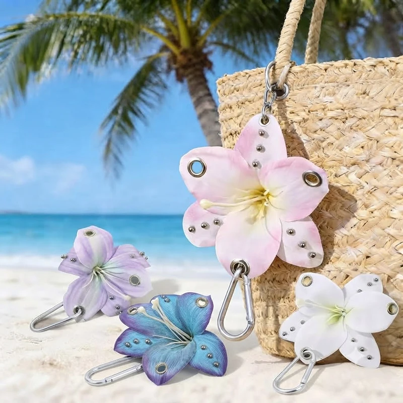 Tropical Beach Tote Accessory Hawaiian Flower Keychain Plumeria Bag Charm Hibiscus Keyring Rhinestone Purse Ornament Combo Set ﻿