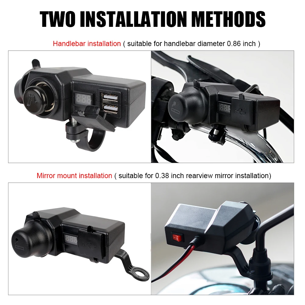 Interruttore ON/OFF caricabatterie moto 3.4 A ricarica rapida 3.0 doppia presa USB con accendisigari misuratore di tensione digitale 10-24V