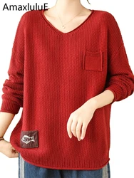 Amax luluE Fall Fashion Knitted Clothes Womens Casual Loose V Neck Sweaters Classic Patchwork Embroidery Jumpers Luxury Pullover