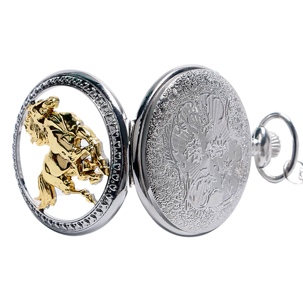 Reloj de bolsillo de cuarzo para hombre y mujer, colgante de cadena de Animal, de lujo, plata, oro, caballo que choca, zodiaco chino