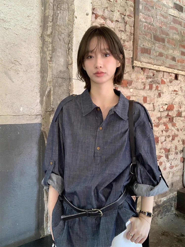 

Retro Hong Kong Sle Loose Long Sve Collar Asymmetric Denim irt Chic Autumn New Arrival Women's Casual Top