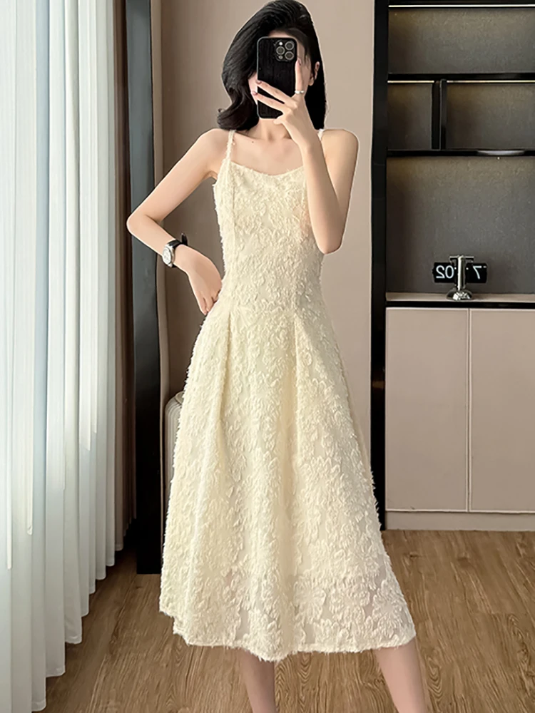 2025年夏ファッションレースジャカードシックなスリングセクシーロングドレス韓国エレガントラグジュアリーパーティーVestidos女性プリーツボディコンVestidos