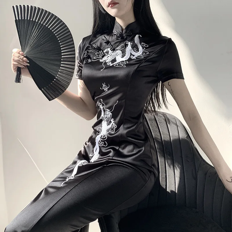 Robe de soirée de mariage en satin de brocart noir sexy pour femmes, Cheongsam à fourche courte, qipao classique chinois, manches courtes élégantes, nouveauté