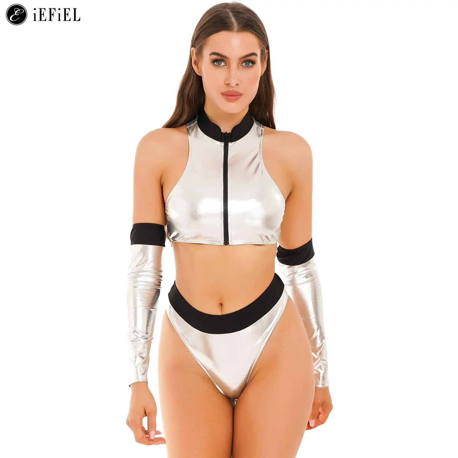 สตรีเซ็กซี่เครื่องแต่งกาย2ชิ้น Silver Zip Up Crop Top กางเกงถุงมือฮาโลวีน Space Pilot คอสเพลย์แฟนซีชุด