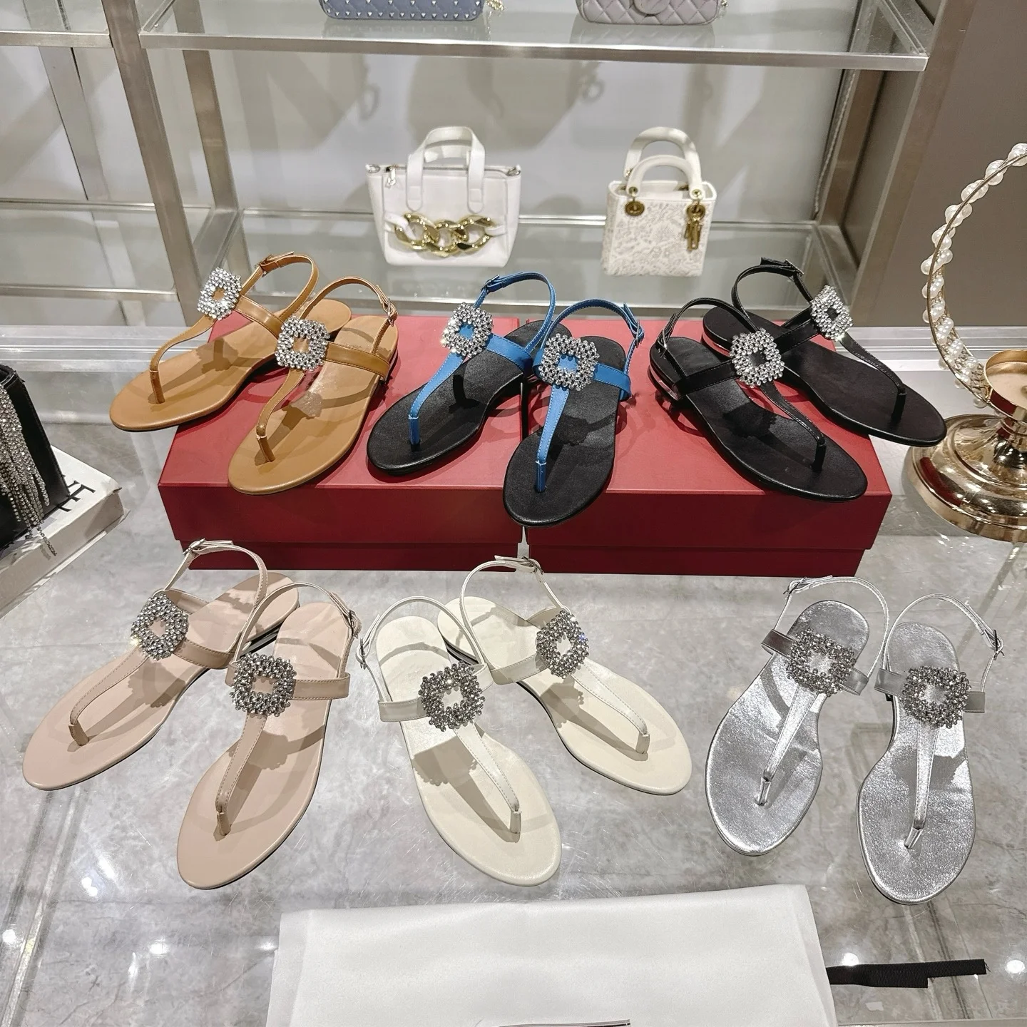 

2025 New Style Genuine Leather Rhinestone Thong Sandals Fairy Style Transparent Slip-On Sandals