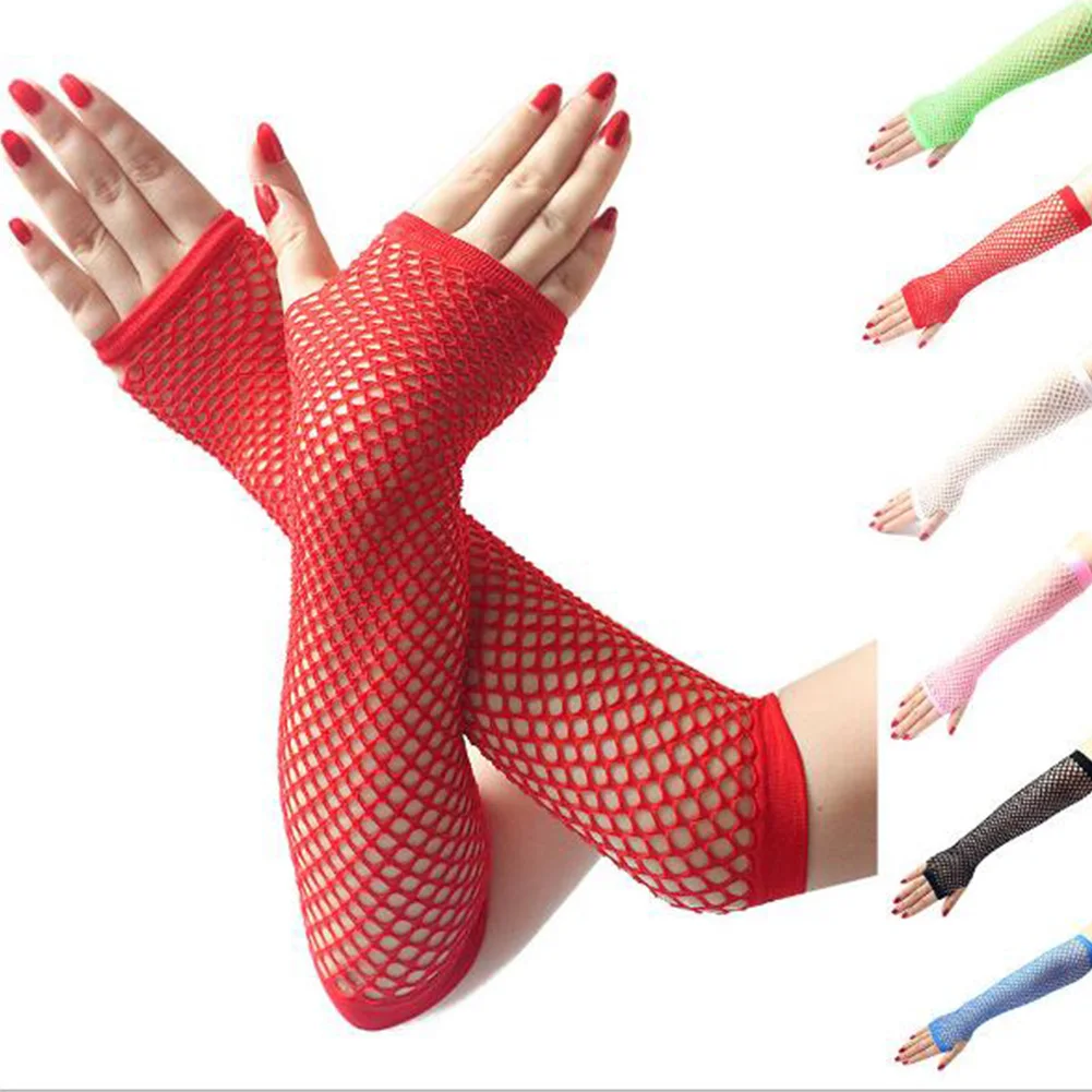 1Pair Fashion Lace Mesh Gloves Sexy Fishnet Fingerless Long Gloves Party Arm Sleeve For Women Colorful Neon Fingerless Gloves