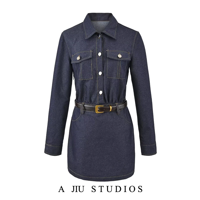 

Джинсовая ткань с эффектом похудения, длинный свек, отложной воротник, женская сексуальная юбка ort, облегающая повседневная хлопковая полиэстеровая юбка с поясом