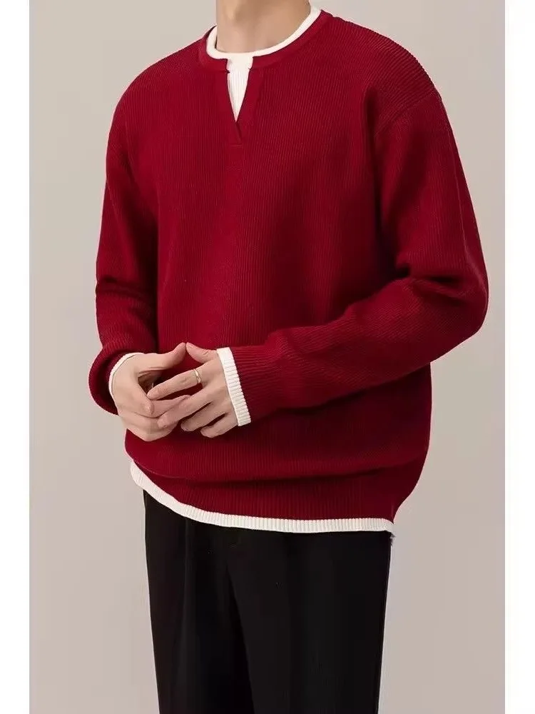 

Новый универсальный вязаный свитер 2026 года: высококачественный топ, зимний тренд, теплый, с V-образным вырезом, имитация двухслойности, мужской/парный трикотаж