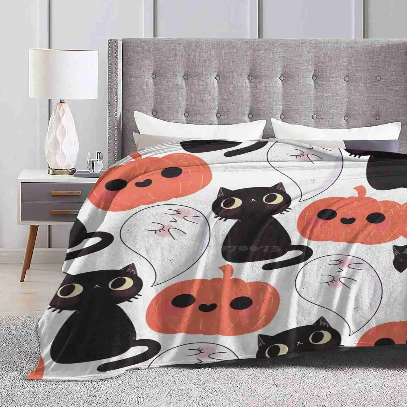 Spooky Fashion Soft Warm Throw Blanket Spooky Cute Halloween Cat Kitty Pumpkim Ghost Pattern