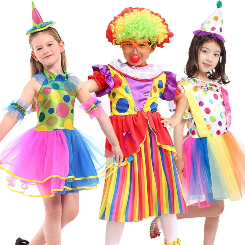 Meisjes Regenboog Circus Clown Kostuum Grappige Kleurrijke Carnaval Joker Kleding Komt Met Een Clown 'S Neus En Pruik