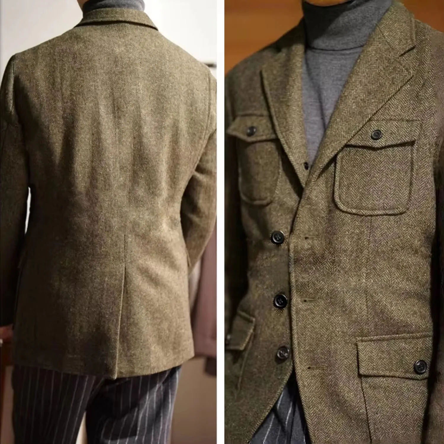 Heren Klassieke Visgraat Tweed Jachtblazer Wolmix Sportjas met Vier Zakken Drie Knoppen Jas Heren Smoking