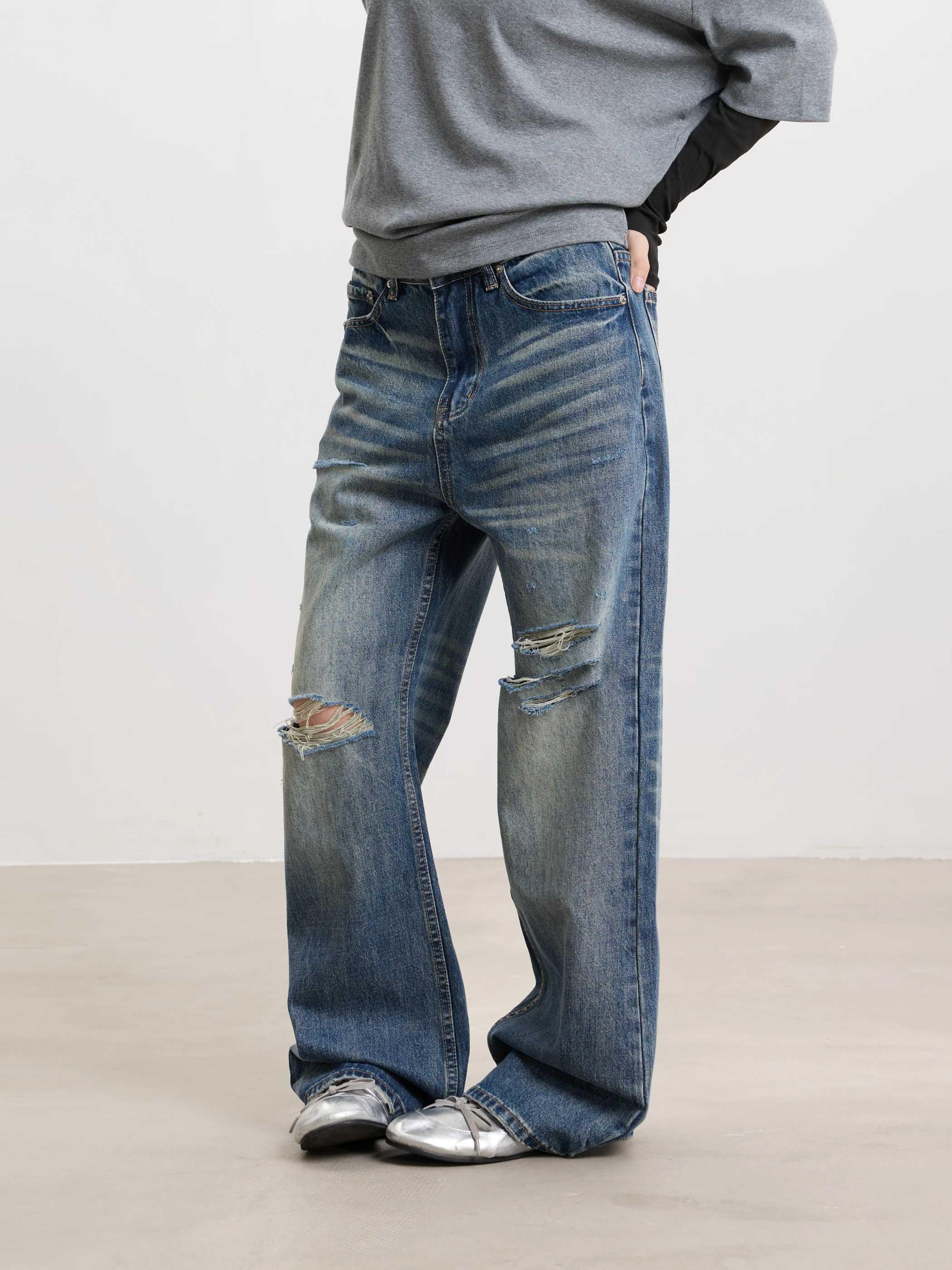 Calças Jeans Americanas Retrô com Efeito Rasgado Yeboon, Calças Longas de Perna Reta Soltas para o Verão, Calças Masculinas e...