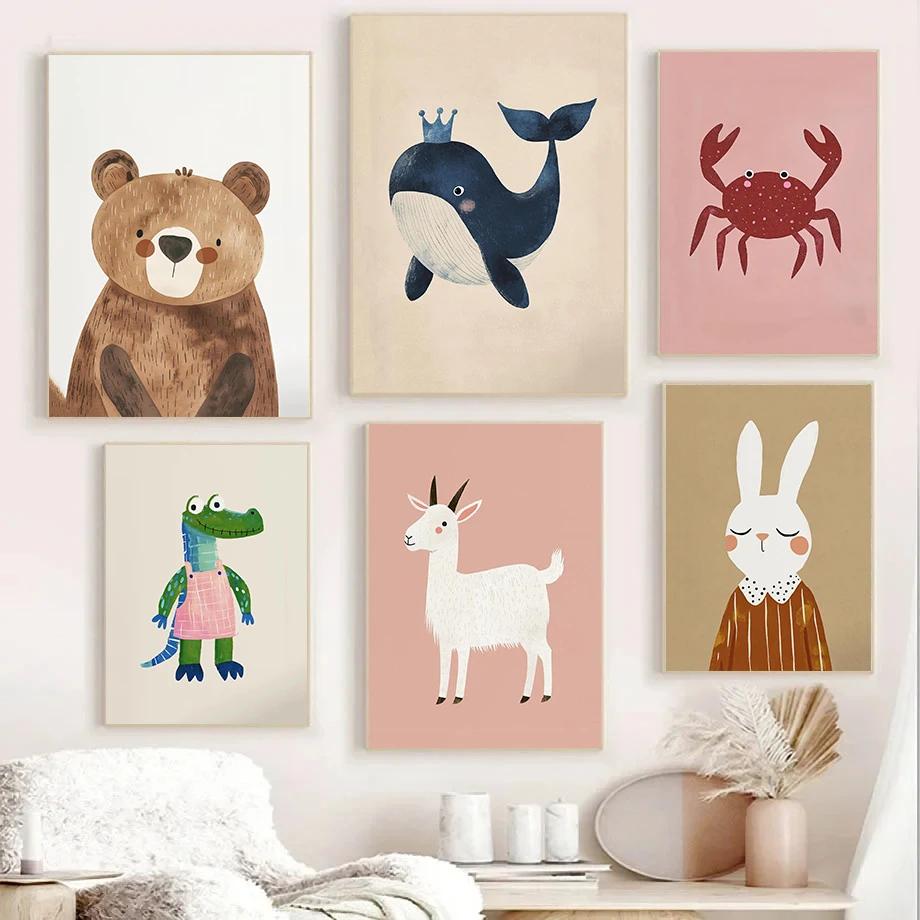 Cute Cartoon Animal Brown Bear Rabbit Colorful Illustrations Poster Canvas Paintings Wall Art Pictures Kindergarten Home Decor