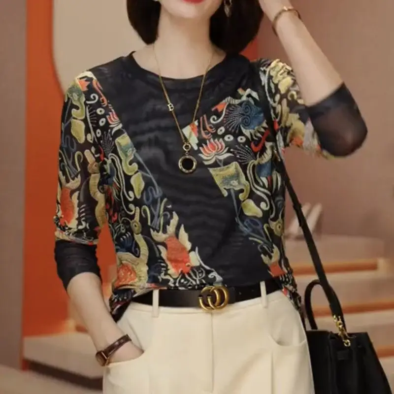 

Новая сетчатая футболка ранней осени 2025 года, женская нижняя рубашка с длинными рукавами, эластичный топ