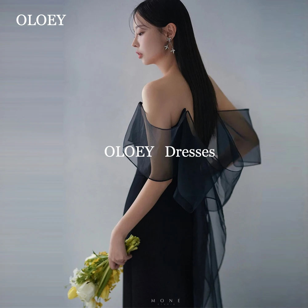 

OLOEY Simple Black Floor Length Prom Dresses Korea Wedding Photoshoot Cape Sleeves Party Gowns Pleats Organza Customized