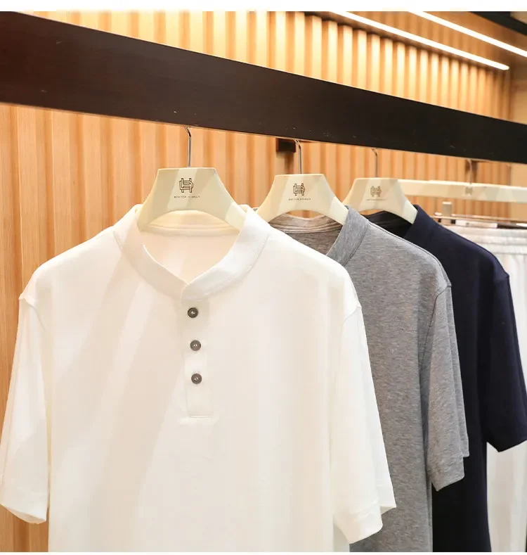 Italian luxury old money style 2026 summer new wool blended cool Henry collar short-sleeved T-shirt