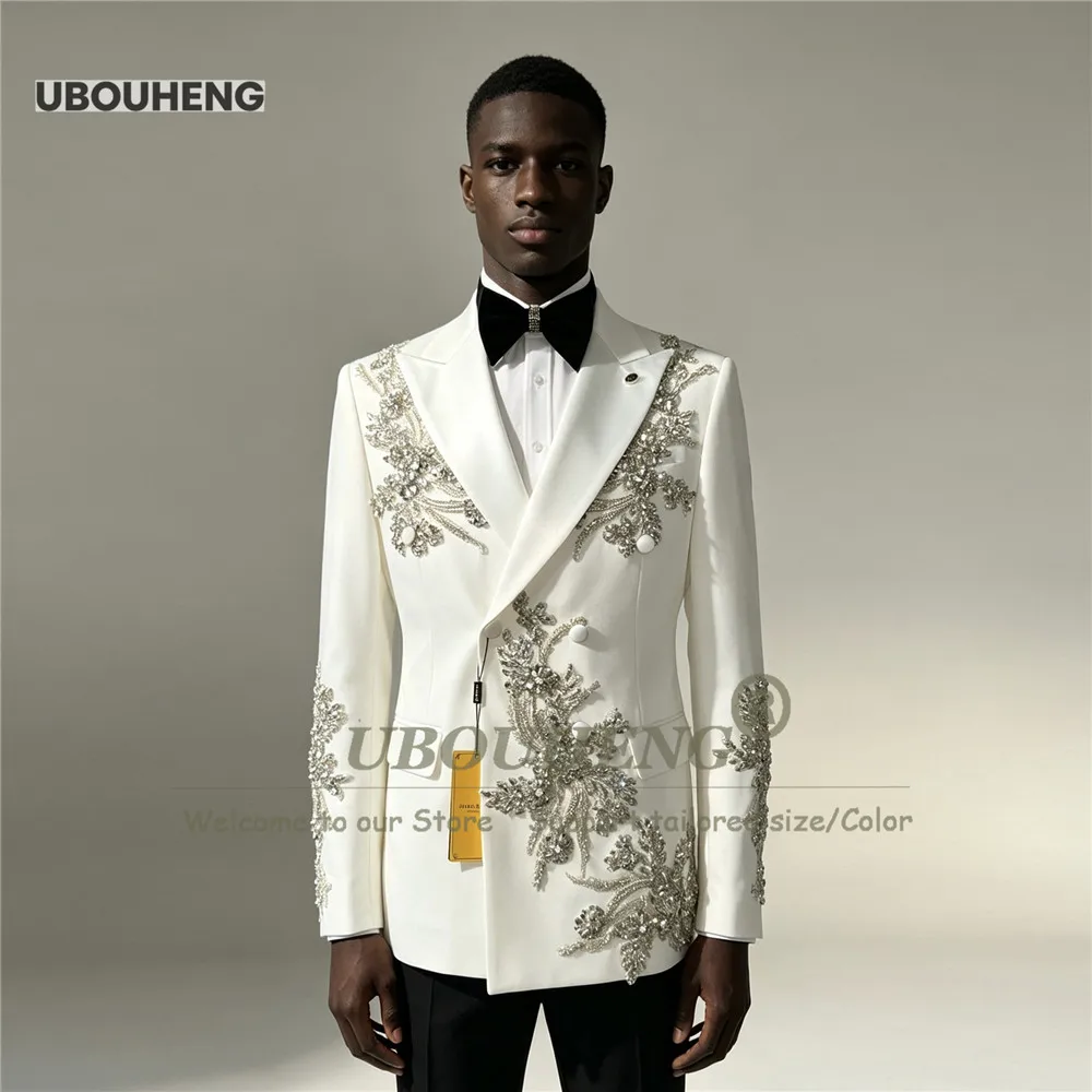 Designer Suit For Bridegroom Sparkly Beaded Stones Lace Appliques Prom Blazer With Black Trousers 2 Pieces Groom Wedding Tuxedo