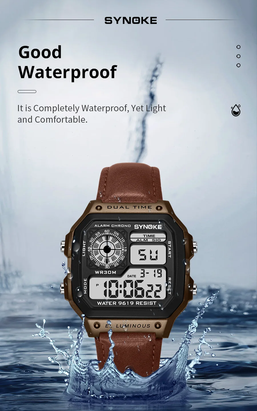 SYNOKE Gürtel Uhr Männer Outdoor Sport Multifunktionale Wasserdichte Leucht LED Digital Uhr PU Leder Für Männer Retro Mode – Detail 5