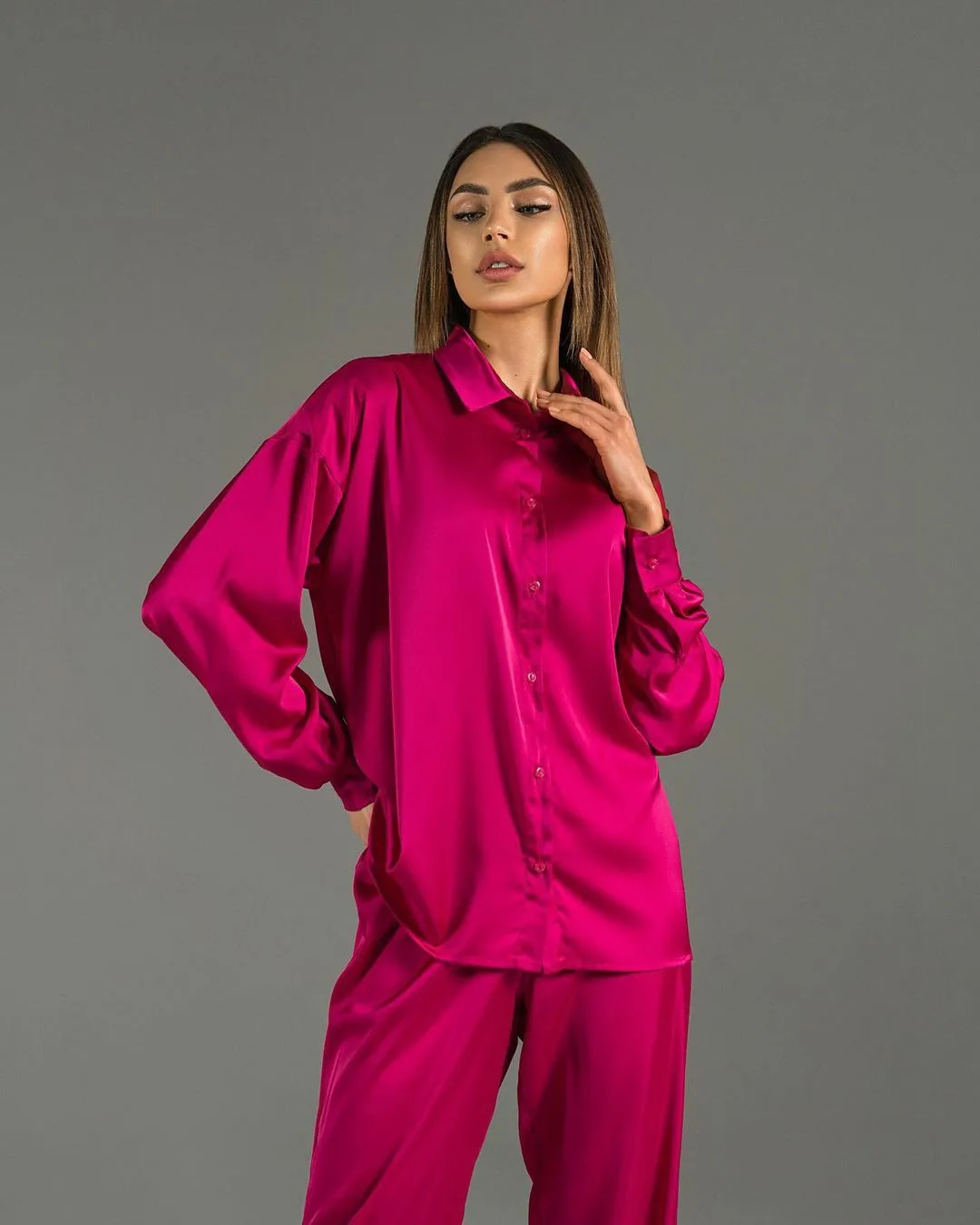 Women's Solid Satin Pajama Set Long Sleeve Print Ladies Sleepwear 2 Pcs Wiht Pant Single Breasted Loose Home Clothes for Female