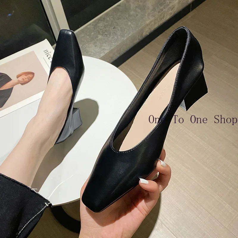 Elegant Mid Heel Women's Shoes 2024 New Thick Heel Single Shoes Women's Soft Leather Autumn Non Tiring Shoes Square Toe