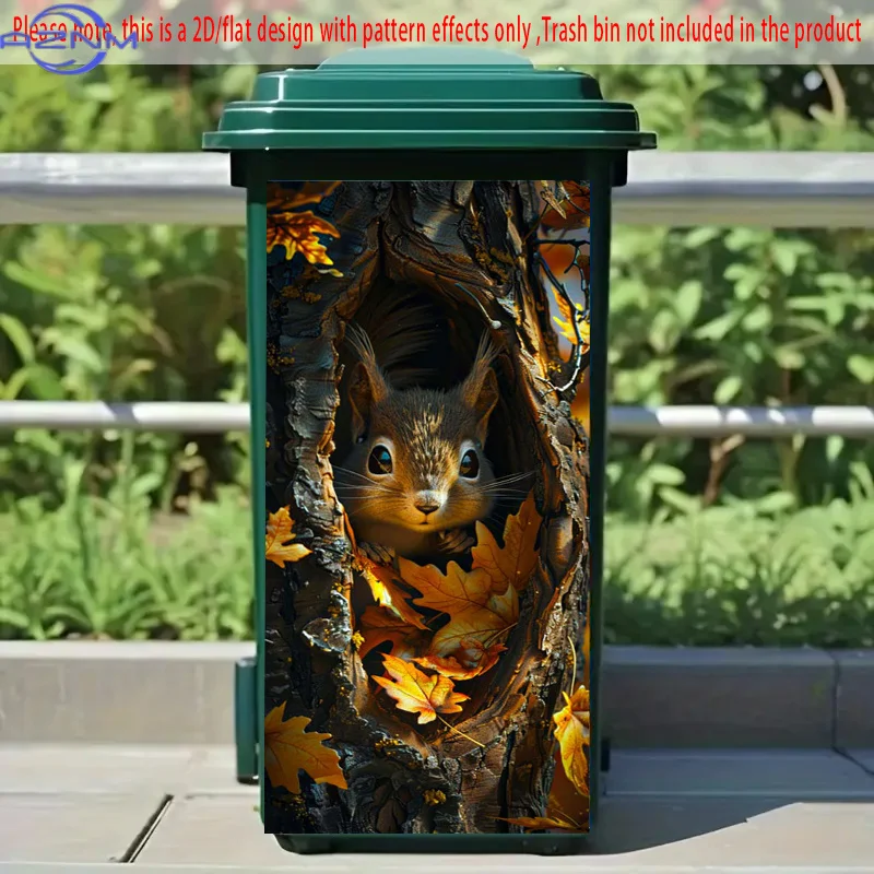 Realistic Squirrel Peeking from Tree Hole with Autumn Leaves Self-Adhesive PVC Trash Can Stickers - Decorative Art for Nature-