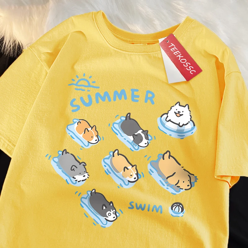 Fun Cat And Dog Swimming Japanese Style T-Shirt Female Casual Loose T-Shirts Summer Cotton Tops Fashion Breathable Tee Clothing image 3