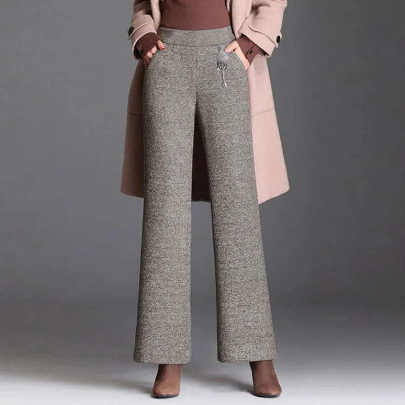 Vintage Elastic High Waist Women Wool Straight Pants Autumn Winter Fashion High Waist All-match Casual Chic Thicken Trousers