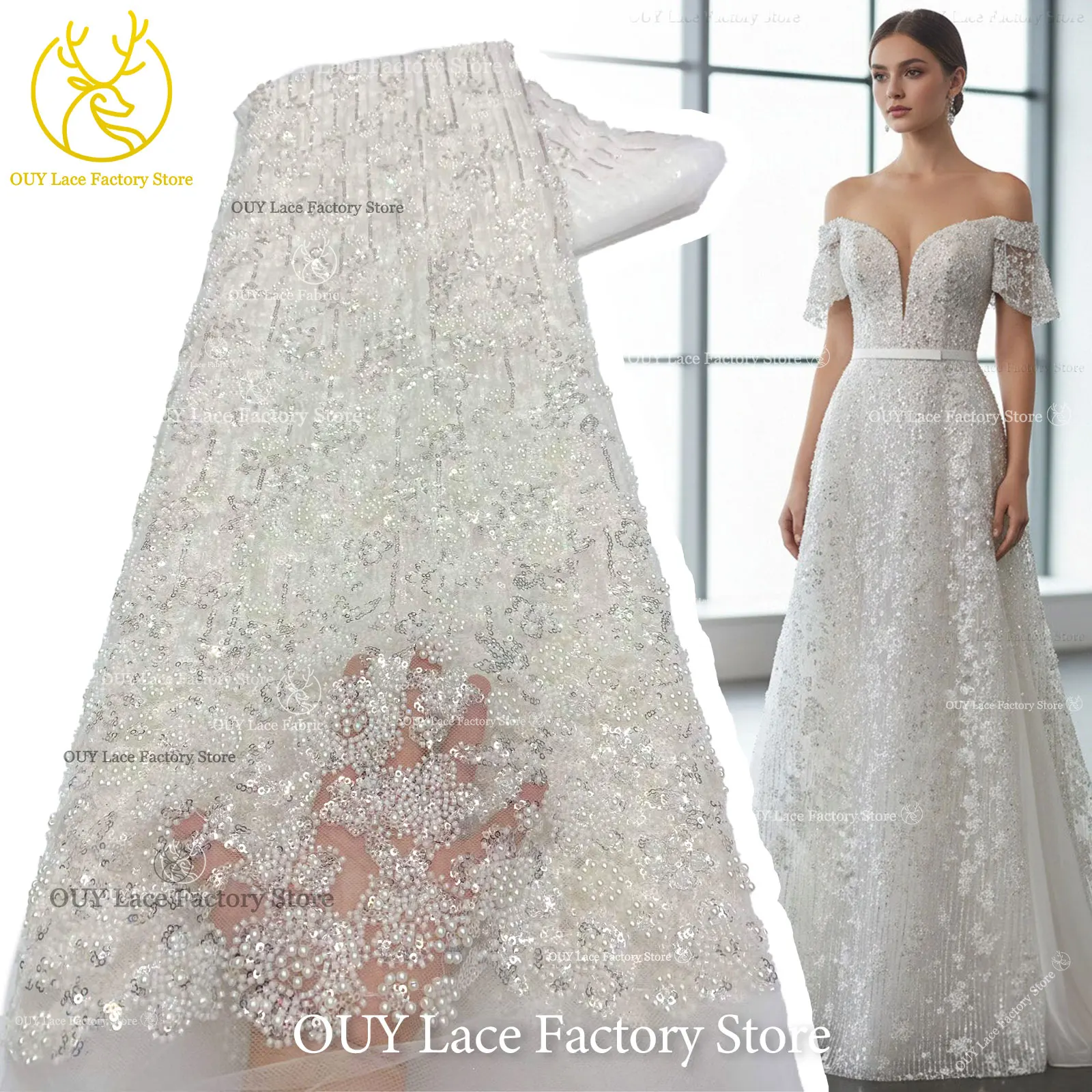 

White Bridal Beaded Lace Fabric 2026 New Style African Sequins Lace Fabric French Embroidery Tulle Mesh Lace Fabric 5 Yards