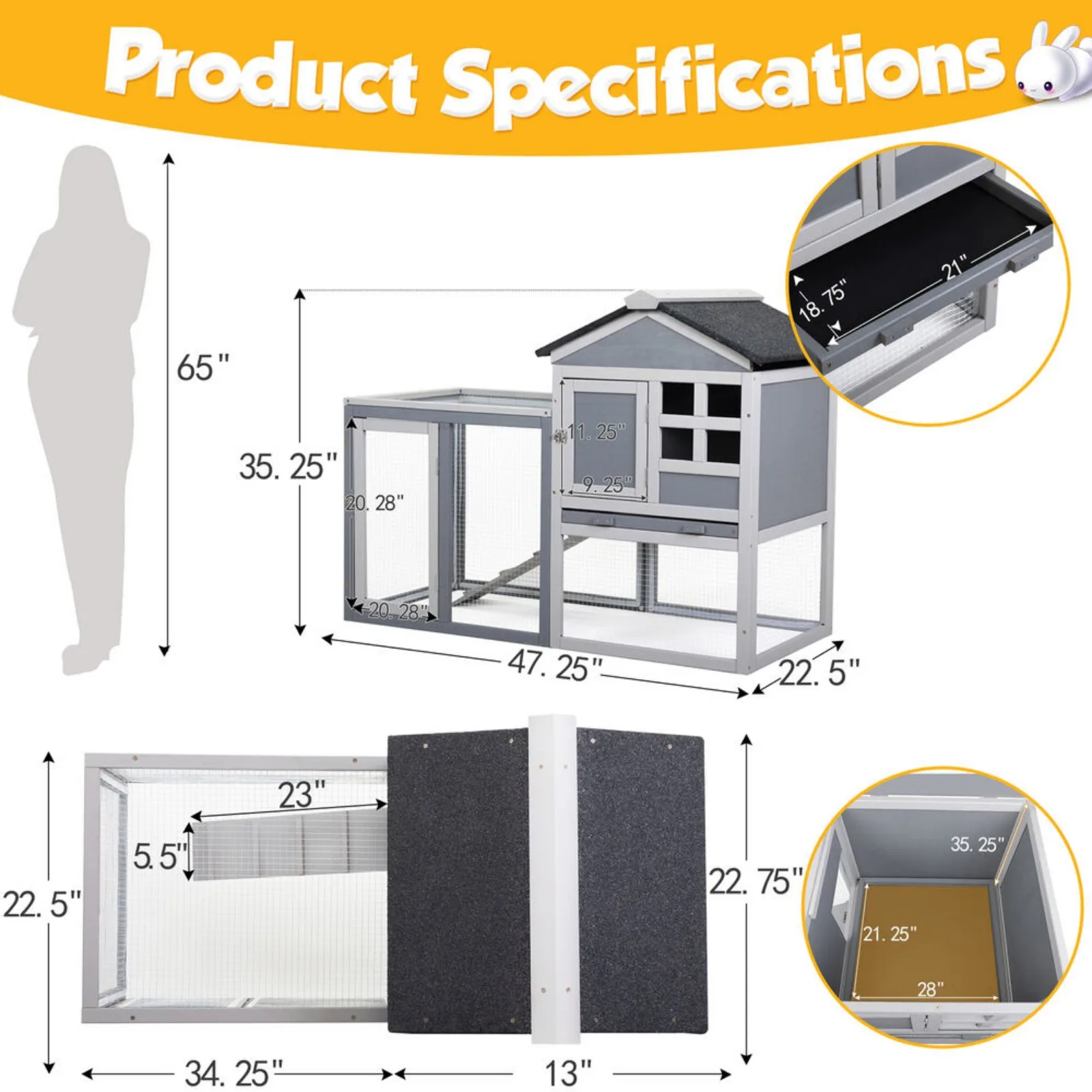 US Wooden Rabbit Hutch Large Chicken Coop W/ Removable Tray&Roof In/Outdoor