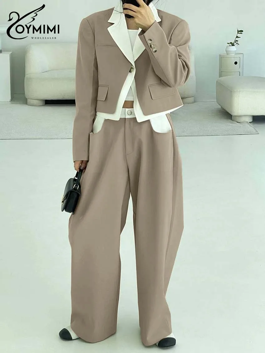 

Oymimi Elegant Khaki Patchwork 2 Piece Sets Women Outfit Elegant Long Sleeve Single Button Pockets Shirts And Straight Pants Set