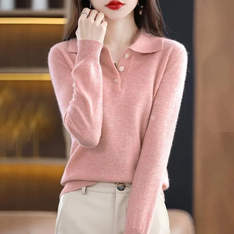 Women Sweater 2023 New Spring Autumn POLO Collar Sweater Knitted Pullover Long-Sleeved Non-Cashmere Jumpers Bottoming Shirt