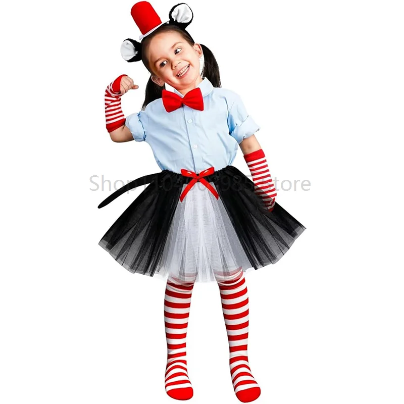 

Girls Book Week Outfit Red and White Striped Cat Tulle Tutu Skirt Halloween Dress Up Cat Dance Costume 2025