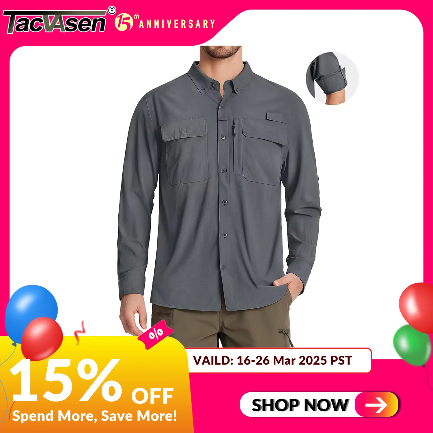 TACVASEN UPF 50+ Sun Protection Fishing Shirts Men's Quick Dry Long Sleeve Shirts Mesh Breathable Hiking Work Cargo Shirts