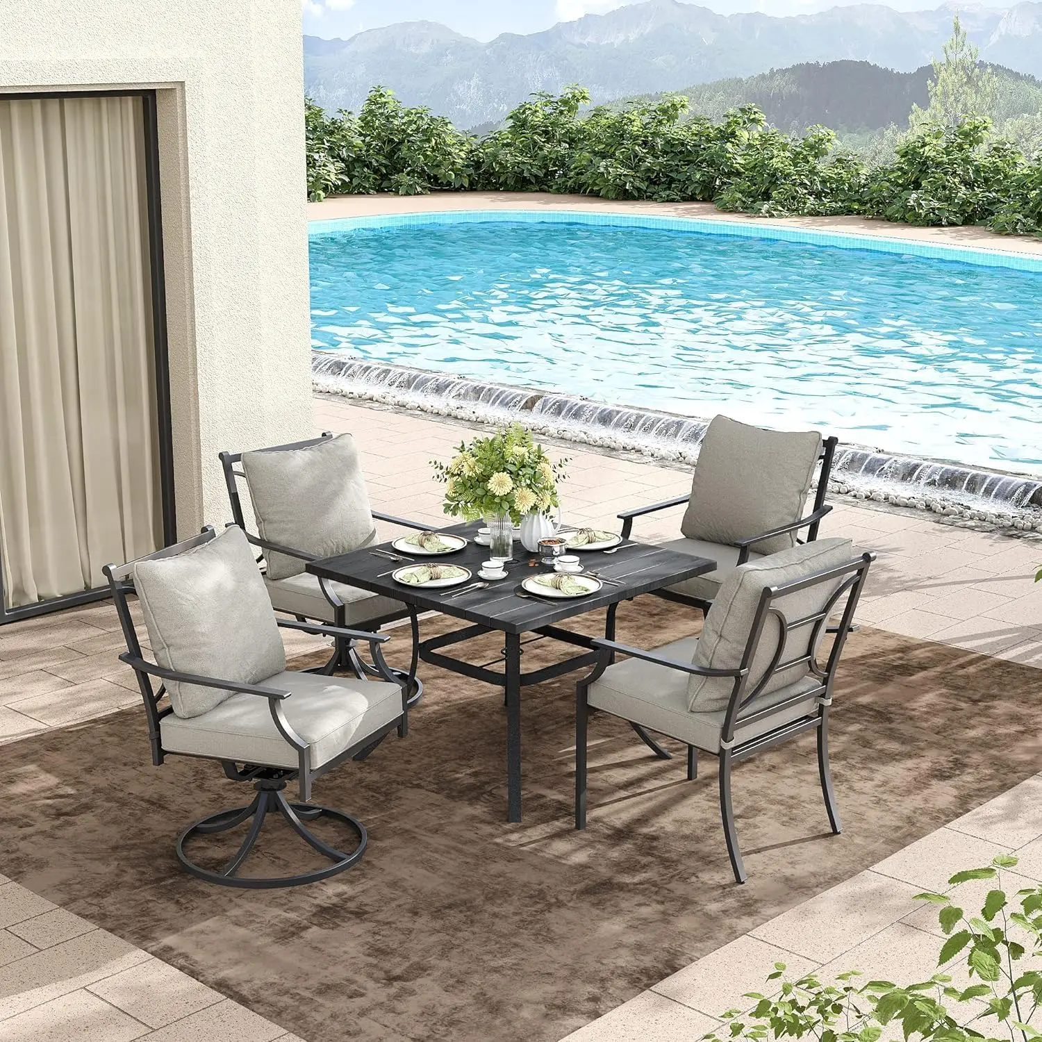 Обеденный набор на 2 человека, обеденный набор на открытом воздухе с электронным покрытием, 2 вращающихся обеденных стула, набор уличной мебели с подушками Olefin, серый