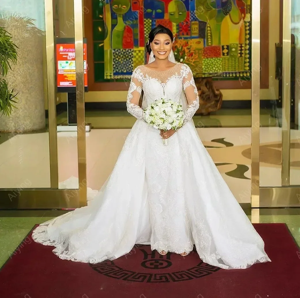 Customized Wedding Dress 2024 Pearls Scoop Long Sleeves Lace Appliques Birde Gown Detachable Train Classic Spanish Robe De Marie