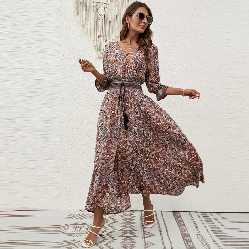 

Holiday Summer Woman Dress Fashion Boho Dress With Side Opening Elegant Dress Woman 2024 Sexy Printing Long Robe Wholesale