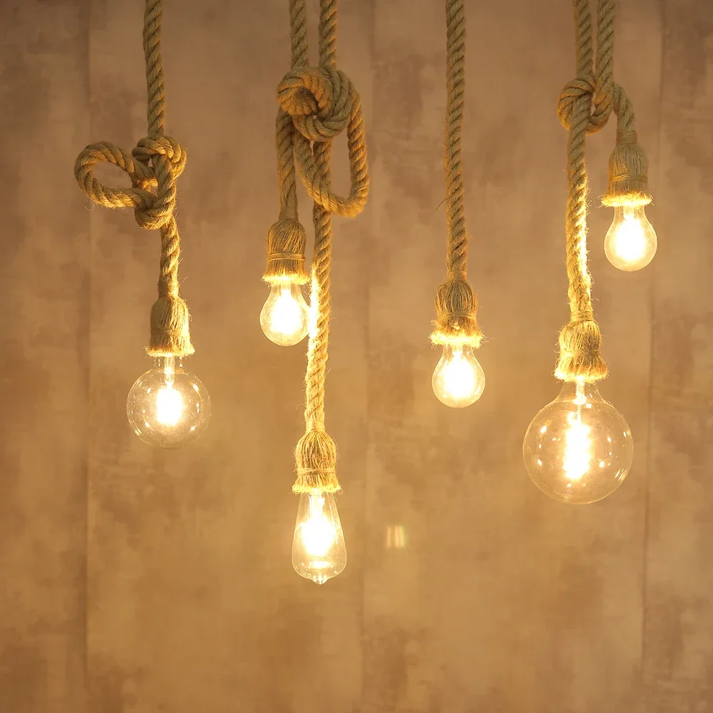 Hemp Rope Pendant Lights Vintage Retro Loft Industrial Hanging Lamp for Living Room Kitchen Home Light Fixtures Decor Luminaire